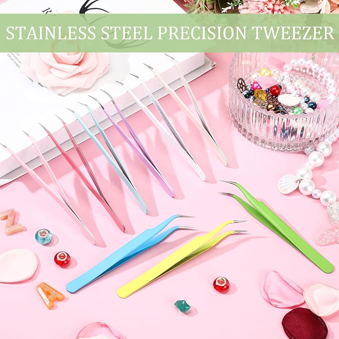 Honoson 9 Pcs Curved Pointed Craft Tweezers Precision Tweezer,Macaron Colors