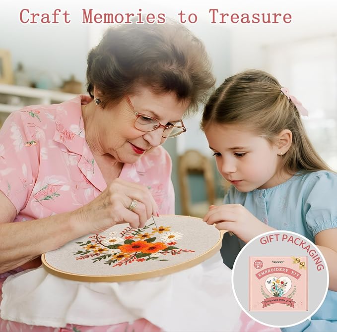 Meyocky Embroidery Kit for Beginners with Floral Leaf Patterns& HD Videos | 3 Pre-Printed Flower Embroidery Starter Kit for Adults, Step-by-step Instructions Hoop Threads, Gift for Women Craft Lovers
