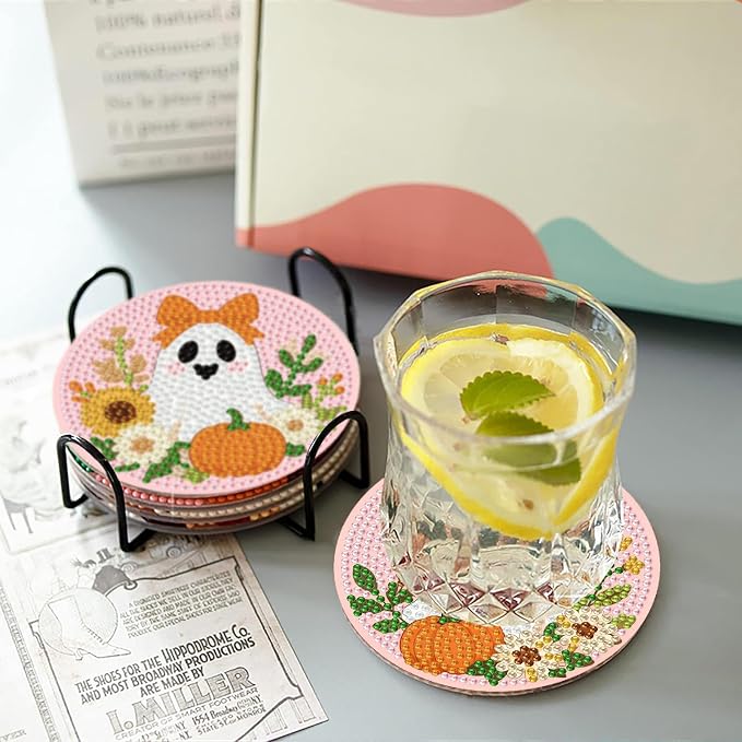 8 Pcs Halloween Diamond Art Coasters Kits with Holder 4X4 Inch