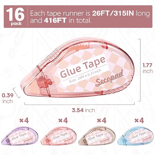 Secopad Scrapbook Tape, Glue Tape for Crafts, 16 Pack, Light-Colored Shell | 0.3IN x 26FT, Sticky & Safe, Double Sided Tape for Crafts, Scrapbooking Junk Journaling Supplies, For School Office Teachers