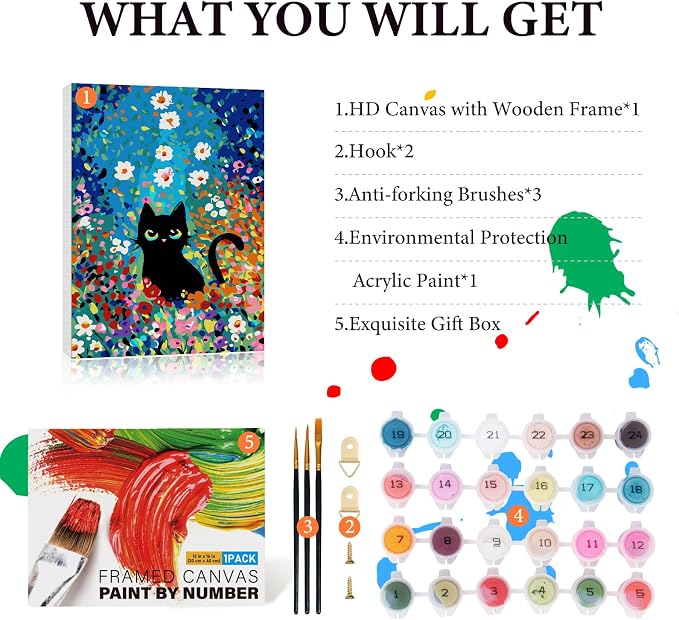Fountor 12” W x 16”L Framed Paint by Numbers Kit for Adults Beginner, Black Cat Adult Paint by Number Kits on Canvas, Cat Flowers Acrylic Painting by Numbers for Home Decor Gift