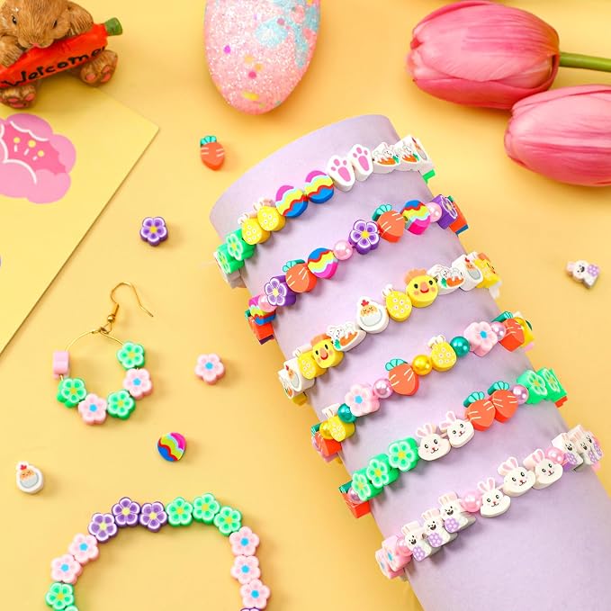 Augshy 300pcs Easter Polymer Clay Beads: Bunny, Chick, Egg, Carrot, Flower Shapes - Round, Assorted Easter Colors for Bracelet, Necklace, Jewelry Making