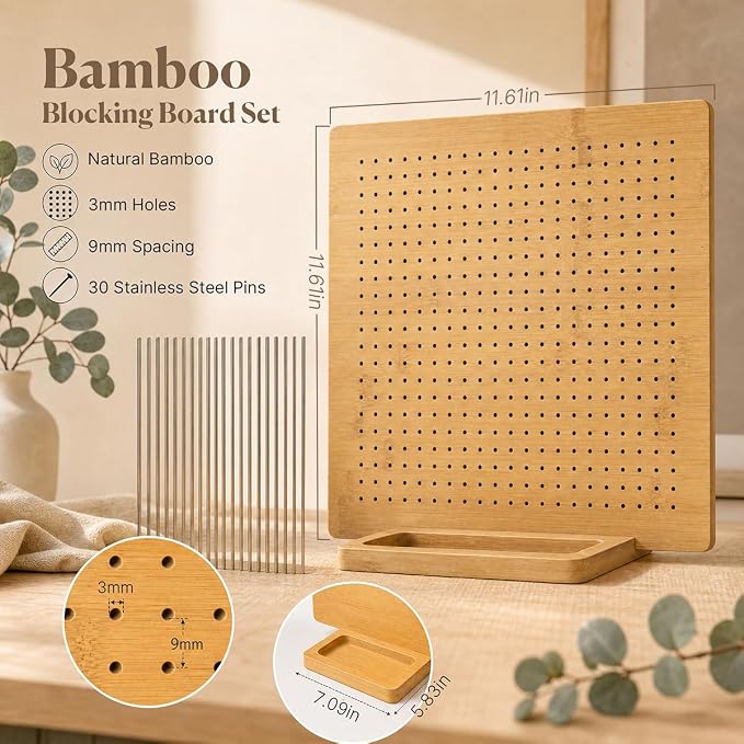 11.8" Double Sided Crochet Blocking Board, Granny Square Blocking Board with 30 Stainless Steel Pegs, Bamboo Blocking Boards for Crochet Projects, Crochet Block Gift for Crocheters
