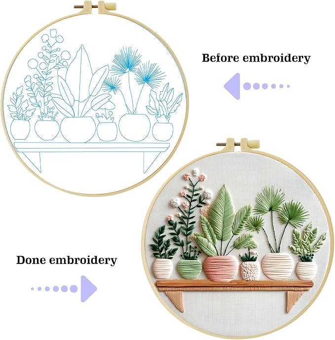Full Range Embroidery Kit for Adult, Green Plant Pattern Embroidery Kit for Beginners Include Embroidery Cloth Hoops Threads for Craft Lover Hand Stitch with Embroidery Skill Techniques (Plant1)