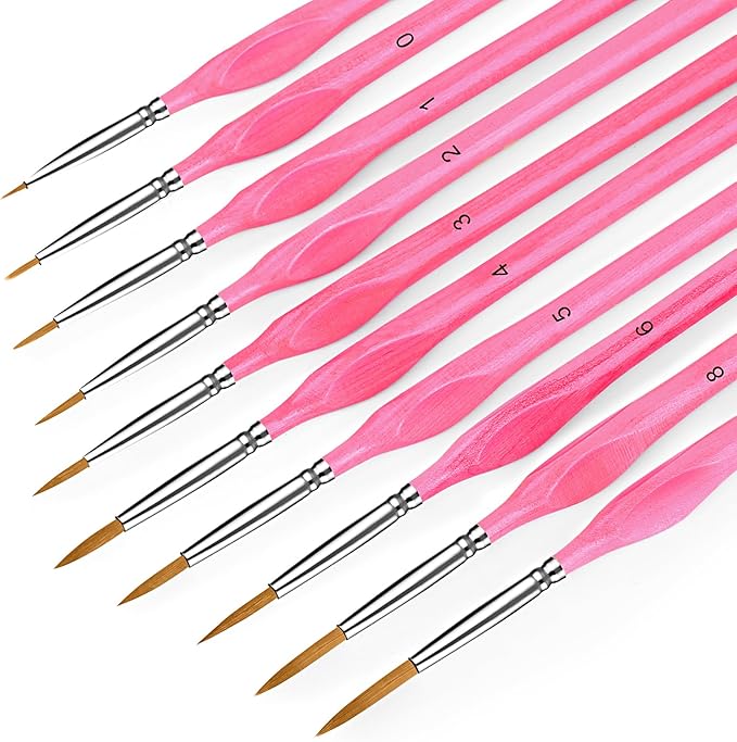 10Pcs Miniature Detail Paint Brushes Triangular Wood Handle Set | Tiny tips for acrylic, oil & watercolor, for paint-by-number, models, figurines, face paint, crafts & adult drawing, Pink