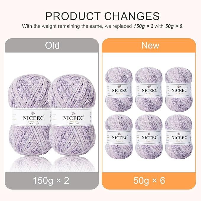 NICEEC 2 Skeins Soft Chenille Yarn 2x255m(2x279yds,3x150g)_Foggy Purple