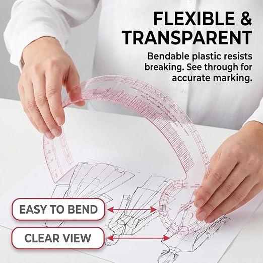 Sewing Rulers,Clear Metric French Curve Sewing Rulers Set for Pattern Making Drafting,Quilting,Clear Plastic Fashion Designer Ruler Kit in Inches， 6PCS