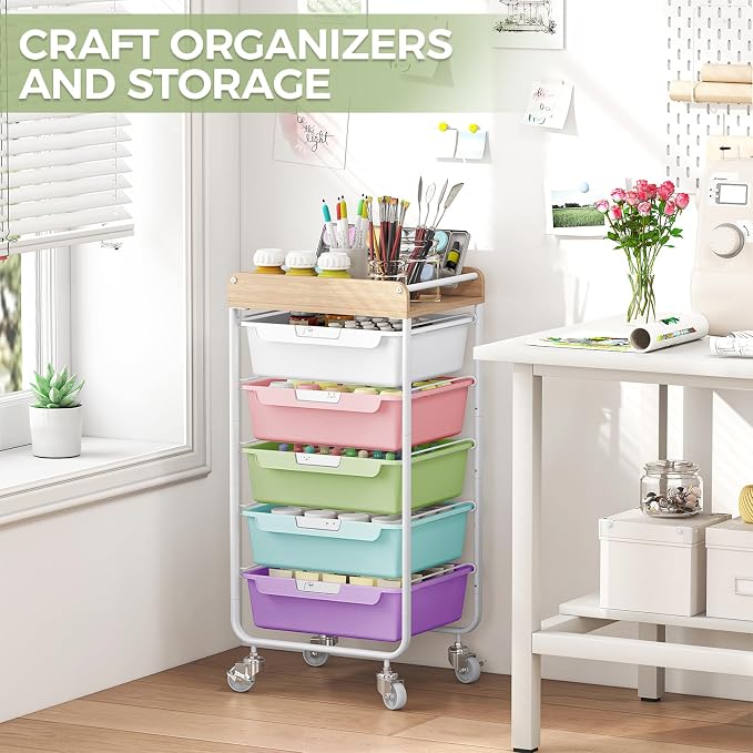 SYKIARIOL Utility Cart with 5 Labeling Drawers and Wooden Tabletop | Rolling Storage Cart for Crafters, Artists, Kids, Teachers, and Students – Organize Arts, Crafts, Sewing & Study Supplies