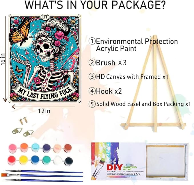 MIRCVSH Skeleton Paint by Numbers for Adults with Framed Canvas-with Wooden Easel,Paint by Number on Canvas,DIY Acrylic Oil Painting Kits with Brushes Nice Gift Box for Home Wall Decor(12x16 Inch)
