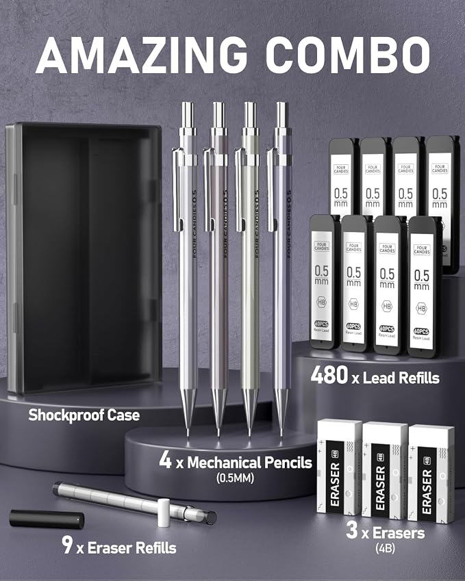 Mechanical Pencil Set, 0.5mm 4-Pack with Case, Metal Body, Fine Point