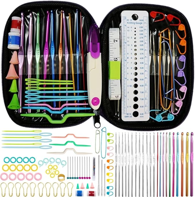 ELINKA Crochet Hooks Set,Crochet Needles for Yarn,102 Pcs Crochet Accessories with Storage Case,Ergonomic Knitting Blunt Needles Stitch Marker DIY Hand Craft Art Tools Knitting Needles for Beginners