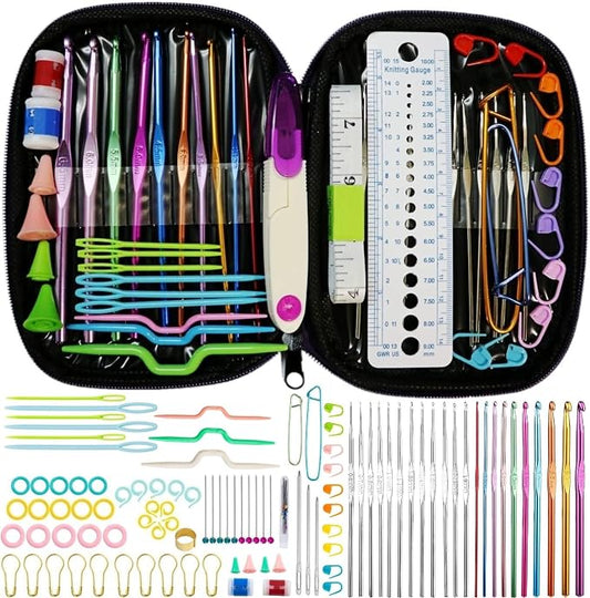 ELINKA Crochet Hooks Set,Crochet Needles for Yarn,102 Pcs Crochet Accessories with Storage Case,Ergonomic Knitting Blunt Needles Stitch Marker DIY Hand Craft Art Tools Knitting Needles for Beginners