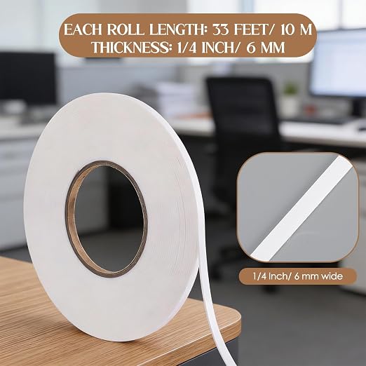 Tatuo 2 Rolls Double Sided Foam Tape for Mounting,1/4 Inch by 33 Feet,White