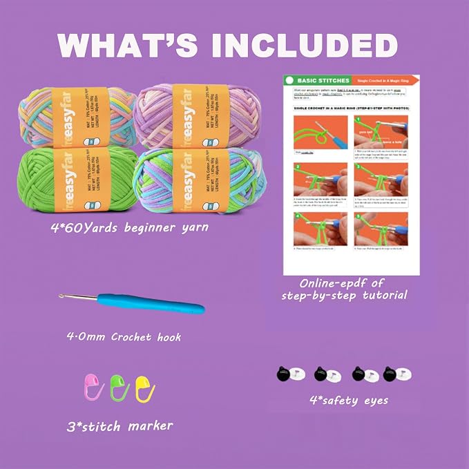 4x50g Beginner Easy Yarn Kit for Crocheting and Knitting; Worsted-Weight Medium #4;Crocheting and Knitting kit with Tool Set (Coral+Ocean+Periwinkle+Green, 4 Skein)