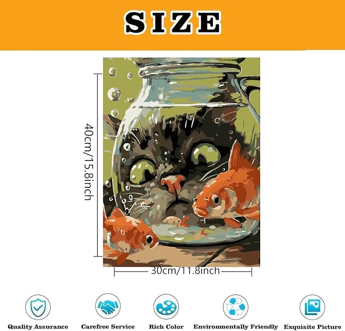 Fairyland JinWenn Curious Cat Fish Paint by Numbers Kit for Adults Framed Canvas Frameworkless