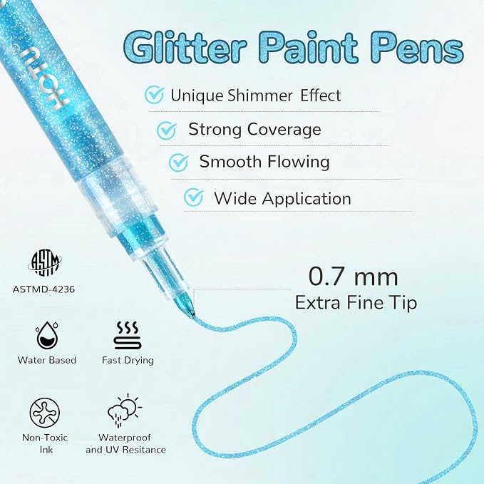 HOTU Glitter Paint Pens, 24 Assorted Sparkly Colors 0.7mm Extra Fine Tip