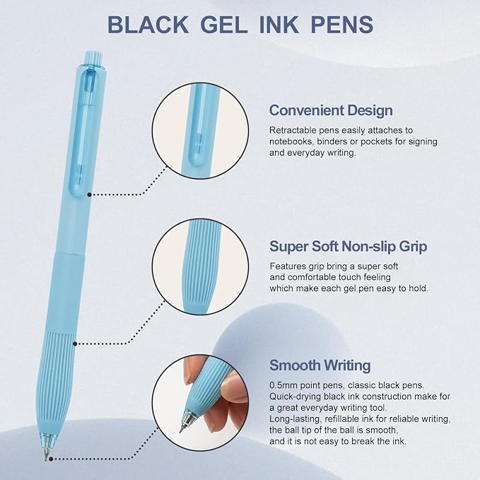 Linbsunne Gel Pens, 0.5mm Black Ink Pens Quick Dry, Macaron 12 pcs