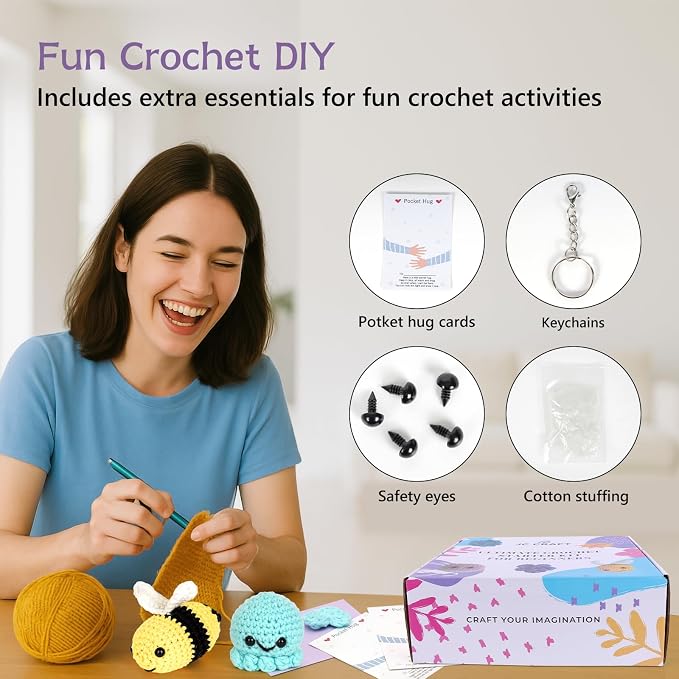 JC CRAFT Beginner Crochet Kit – 81 Piece Starter Set with 15 Colorful Yarns, Ergonomic Hooks, Complete Supplies, White Tote Bag, Accessories Case, Guide Book & Online Video Lessons