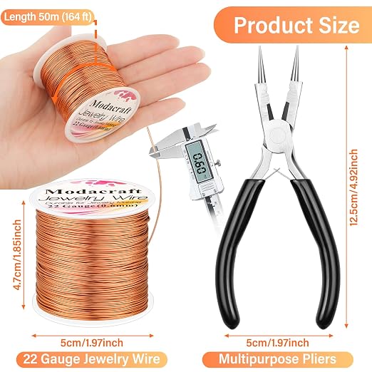 Modacraft 22 Gauge Copper Wire for Jewelry Making with 4 in 1 Plier, 164Ft/0.6mm Craft Beading Pure Bare Copper Wire for Jewelry Making Supplies and Crafting