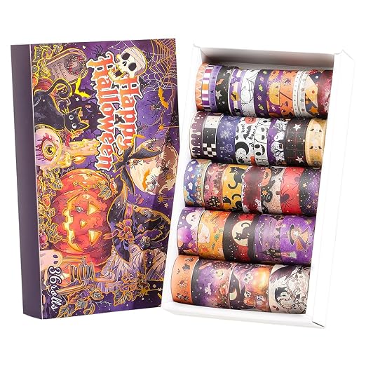 icceemee Halloween Washi Tape Set 36 Rolls, Vintage Pumpkin Ghost Bat Spider Witch Decorative Masking Tape, Holiday Craft Tape for Journaling Scrapbook Gift Wrapping Card Making DIY Crafts
