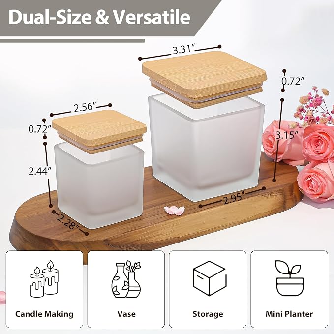 CONNOO 12 Pack 9oz & 3oz Frosted Glass Square Candle Jars with Bamboo Lids