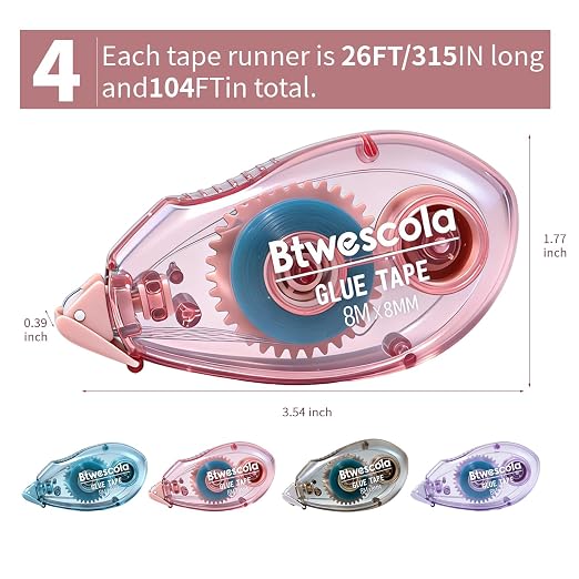 Double Sided Tape Roller - 4 Pack Scrapbook Glue Tape Runner Roller for Scrapbooking,Wrapping, Kids Paper,Crafts Gift Wrap for Schools, Offices(0.31 inch x 26 feet)