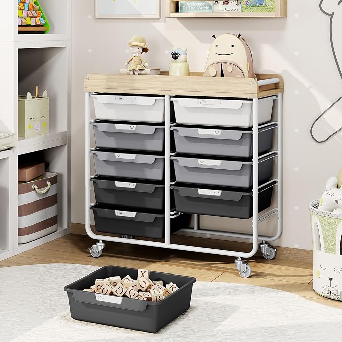 10 Drawer Rolling Storage Cart with Wood Top for Classroom Crafts Grey | Easy Setup, Large Capacity, Sturdy Build, Lockable Mobility, For office, classroom and home supplies