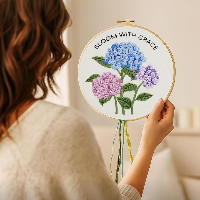 Nuberlic Hydrangea Embroidery Kits for Beginner Adults | Cross Stitch Kit with Stamped Pattern Include Cloth Hoops Threads Needles,Needlepoint Kits