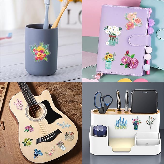 60 PCS Transparent Colorful PET Floral Stickers, for Water Bottle Laptop Cars Guitar Skateboard Bumper Vintage Waterproof Music Stickers for Teens Adults (Colourful-F10)
