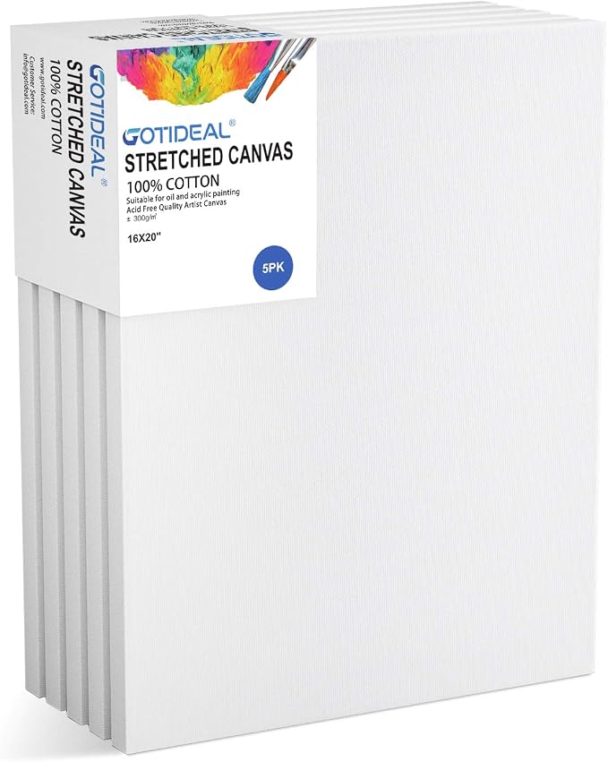 GOTIDEAL Stretched Canvas, 16x20 Inch Set of 5, Primed White | 100% Cotton Artist Canvas Boards for Painting, Acrylic Pouring, Oil Paint Dry & Wet Art Media