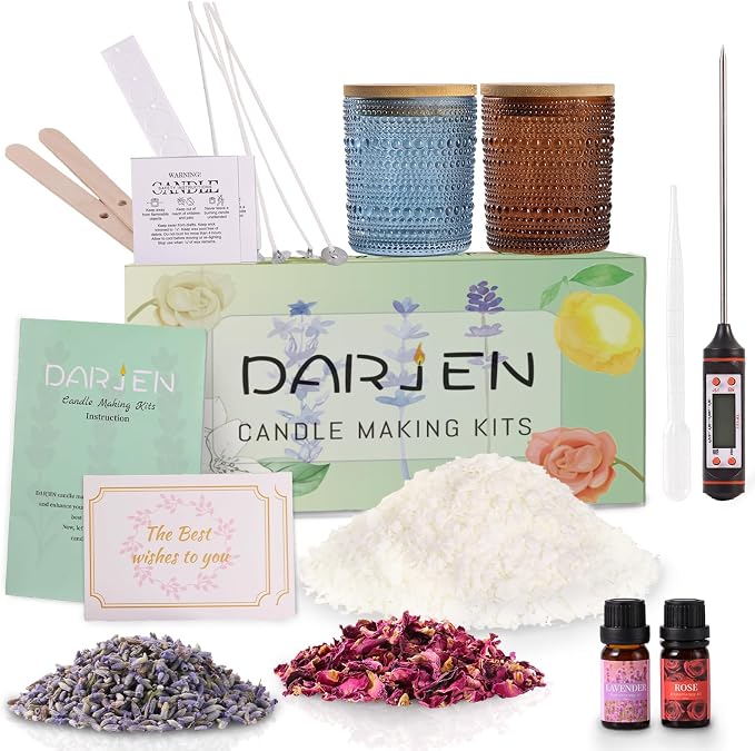 DARJEN Candle Making Kit for Beginners, 2 Jars Soy Wax Scented DIY Set | 100% Soy Wax, 10oz Glass Jars, Natural Cotton Wicks, Pleasant Scents, Instruction& More- Perfect as Home Decorations
