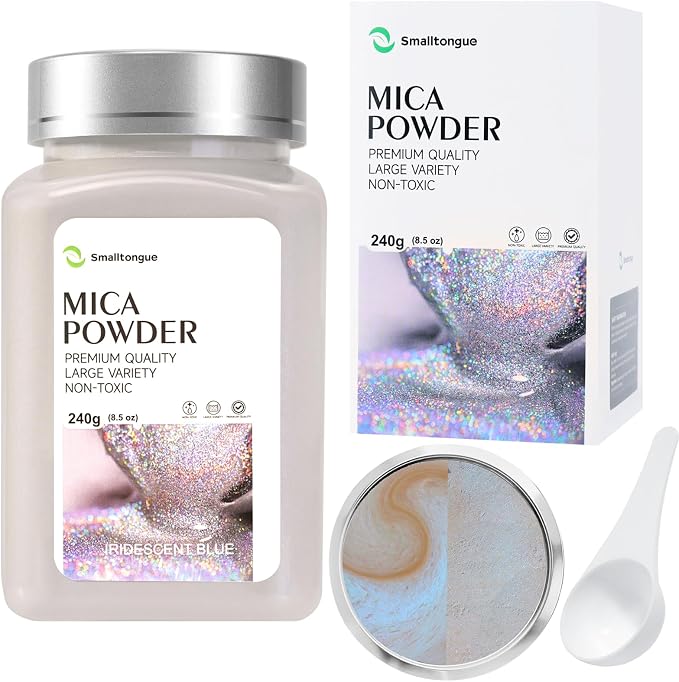 Mica Powder, Iridescent Blue, 240g with Scoop, Complies with ASTM D-4236 | For Epoxy Resin, Soap, Bath Bomb, Candle| Safety Material| Odorless| Brilliant Colors