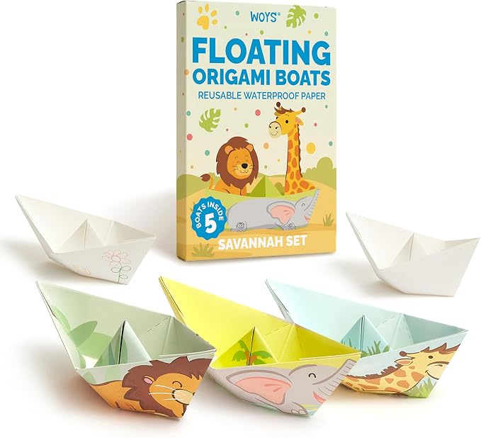 WOYS Floating Origami Boats | Savannah Set | Waterproof Premium Reusable Paper | Screen-Free DIY Arts & Crafts Activity & Gift | 5 Sheets | Bath, Pool & Indoor Play
