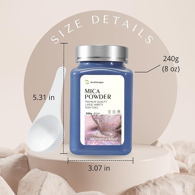 Mica Powder, Mediumslateblue, 240g with Scoop, Complies with ASTM D-4236 | For Epoxy Resin, Soap, Bath Bomb, Candle| Safety Material| Odorless| Brilliant Colors