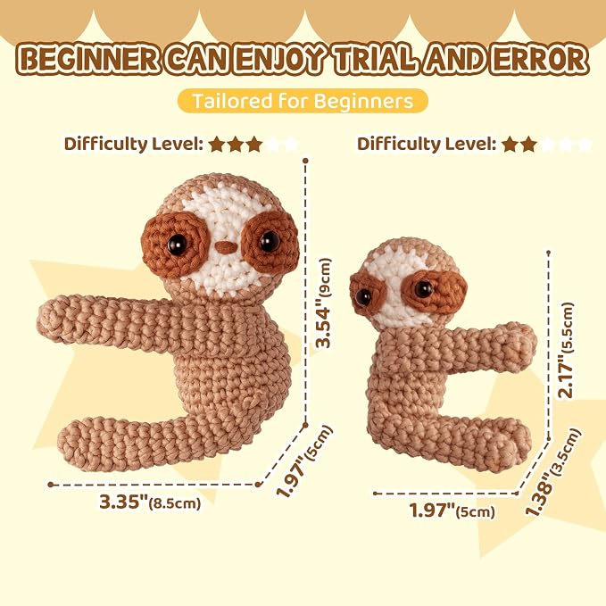 Mewaii Crochet Kit for Beginners, 2 Pack Sloth Craft Set | 40% Extra Yarn, Video Tutorial, Pre-Started Piece, Beginner Friendly, Family Craft Gift for Adults & Kids