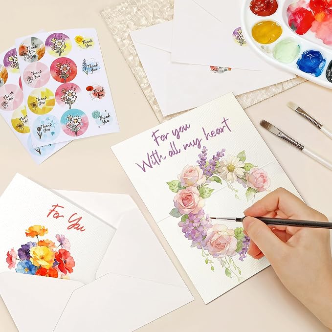 24 Sets Pre-Scored Folded Watercolor Cards with Envelopes & Seals – 4 x 6 Inches (Folded Size) Pure Cotton 300gsm Cold-Pressed Acid-Free Paper for Mother's Day, Wedding, Graduation & Greeting Cards