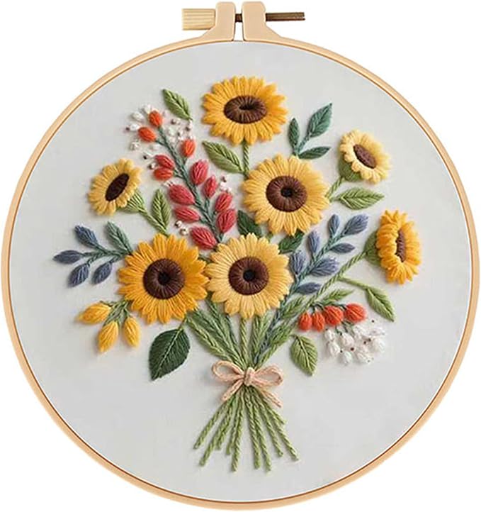 Sunflower Embroidery Kit for Beginners - All in One DIY Cross Stitch Starter with Hoop, Pre-Printed Fabric, Embroidery Threads, Needles,Perfect Craft Gift for & Home Decor
