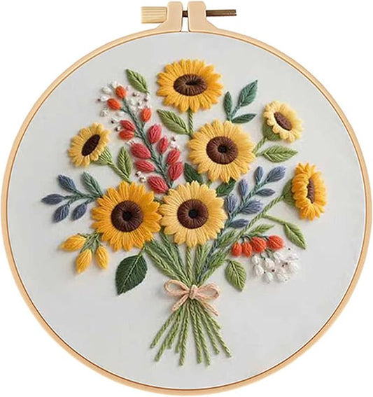 Sunflower Embroidery Kit for Beginners - All in One DIY Cross Stitch Starter with Hoop, Pre-Printed Fabric, Embroidery Threads, Needles,Perfect Craft Gift for & Home Decor