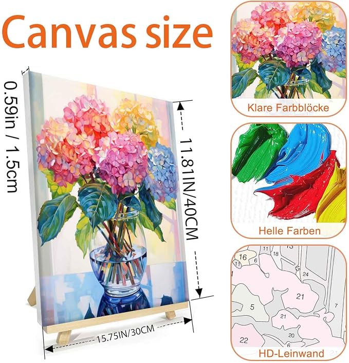 Ausanrl Flowers Framed Paint by Numbers Wooden Easel-Adult Paint by Number Kits on Canvas Framed,Paint by Number Adult,Hydrangea Paint by Numbers with Frame,Gifts and Home Wall Decor 12x16inch