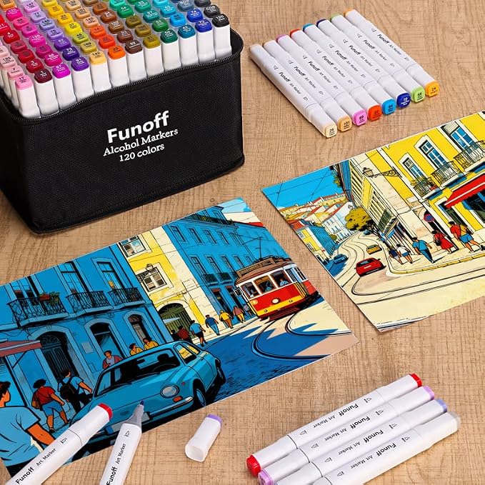 Funoff Alcohol Markers 120 Colors Fine & Chisel Dual Tip Art Marker Set | Permanent Coloring Markers with Carrying Case for Adult Coloring Drawing Sketching Illustration
