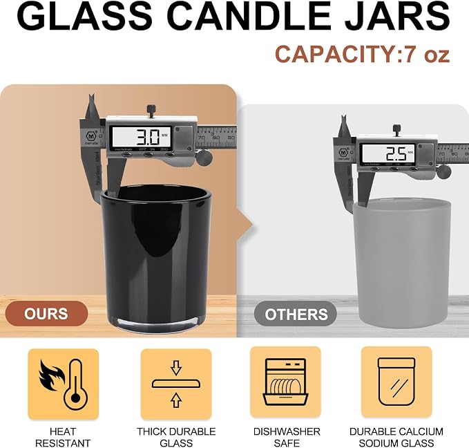 SHOWIN Thick Candle Jars for Making Candles 12 Pcs, 7 OZ Empty Jars with Wood Lids for Candle Making, Sample Container, Inner Black