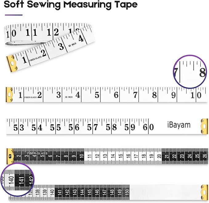 iBayam 2 Pack Tape Measure Measuring Tape for Body Fabric Sewing 60"/150cm | Soft White& Retractable Black Double Scales Ruler, Vinyl Measuring Tape for Tailor Home Craft Body Weight Loss Cloth Knitting