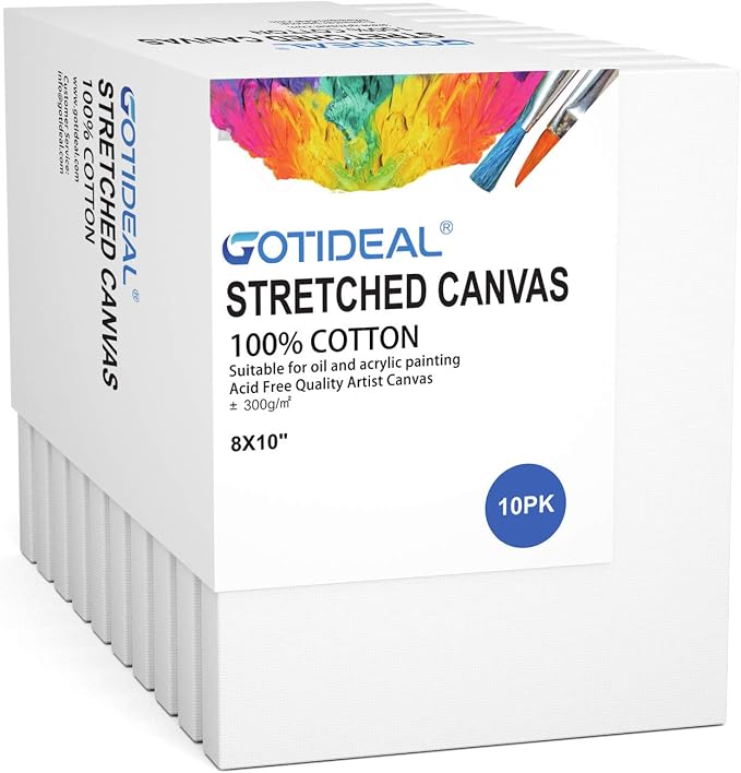 GOTIDEAL Stretched Canvas, 8x10 Inch Set of 10, Primed White | 100% Cotton Artist Canvas Boards for Painting, Acrylic Pouring, Oil Paint Dry & Wet Art Media