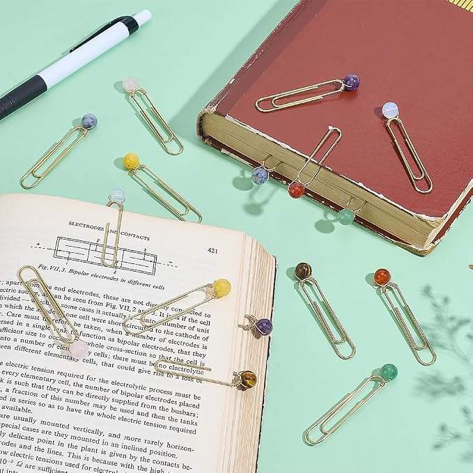 PH PandaHall 16pcs 8 Styles Paper Clips Bookmark Clamp for Back to School, 2" Large Size Paperclip with Natural Stone Planner Clip Metal Book Tag for Teacher Students Stationery Notebook Accessories