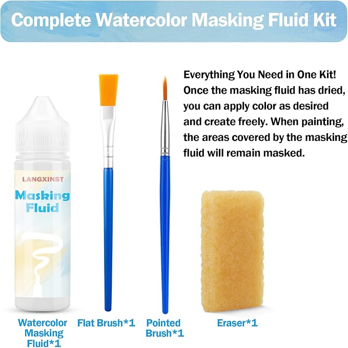 30ml White Masking Fluid for Watercolor Painting with Brushes and Eraser | Easy-peel masking fluid preserves clean white areas and sharp edges; includes two brushes and an eraser.