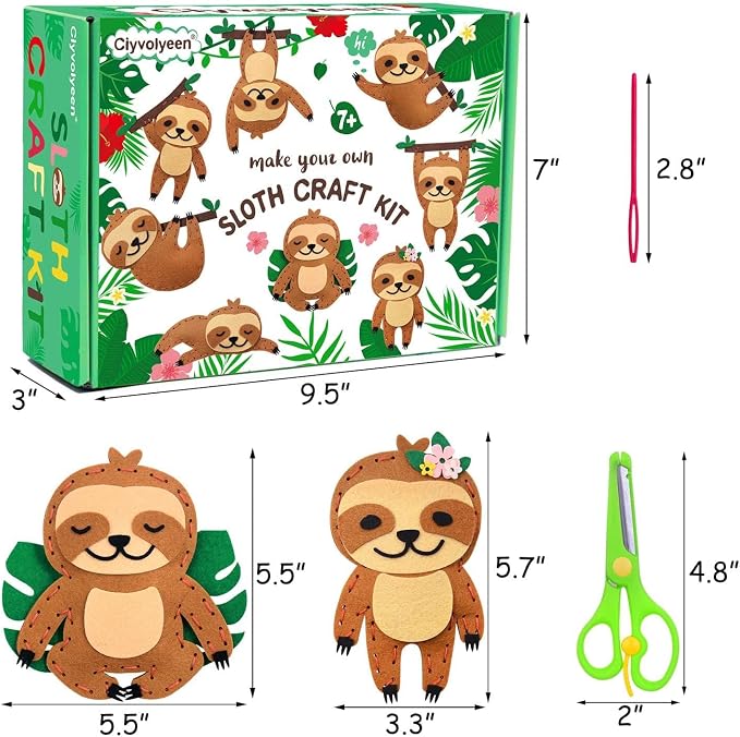 CiyvoLyeen Kids Sewing Kit Crafts – DIY Sloth & Jungle Animal Felt Crafts Sewing Set for Girls & Boys Ages 8–12 Learn to Sew 8 Cute Animal Projects