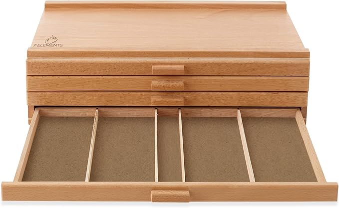 7 Elements 4 Drawer Wooden Artist Storage Supply Box for Pastels, Pencils, Pens, Markers, Brushes and Tools