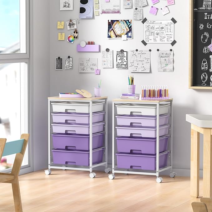 SYKIARIOL Utility Cart with 5 Drawers with Wooden Top,Purple | 5-Tiers Storage Cart with Drawers with Lockable Wheels for Craft Organizers and Storage,Home Office,Classroom,Dorm ,Playroom
