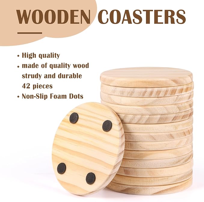 42 Pieces Unfinished Wood Coasters, 4 Inch Round Blank Wooden Coasters for Crafts with Non-Slip Silicon Dots for DIY Stained Painting Wood Engraving Home Decoration