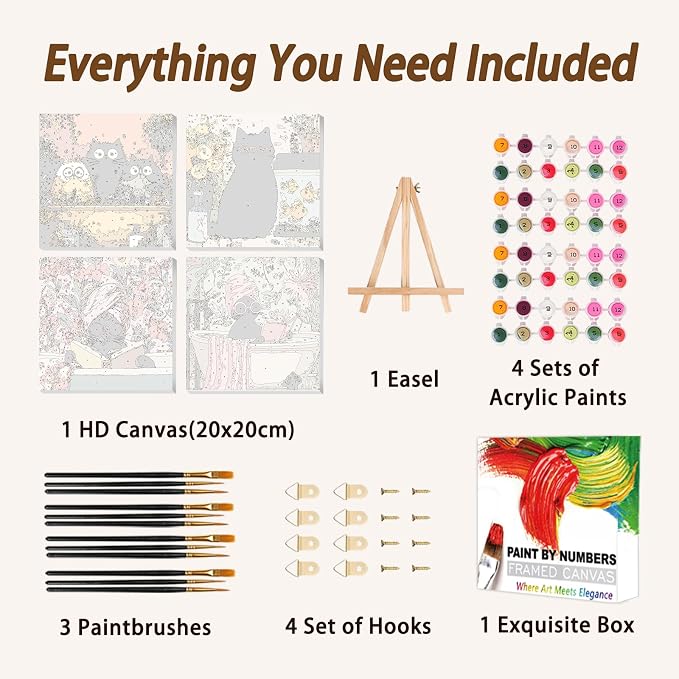AUKELHJ 4 Pack Framed Paint by Numbers Kit for Adults, Cat, 8x8 inch